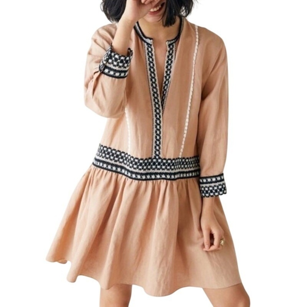 Zara Boho Tunic Mini Dress Tan Linen Embroidered Trim Hippie Indie Casual SMALL